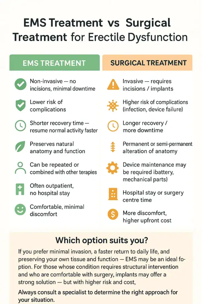 A table showing the benefits of EMS chair for erectile dysfunction treatment Wigan compared to surgery.