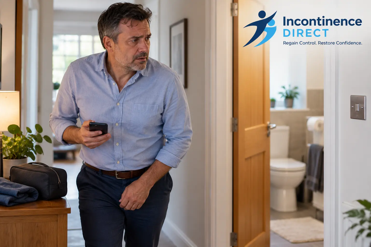 Worried Man Near Open Bathroom affected from faecal incontinence safety tips from incontinence direct Wigan