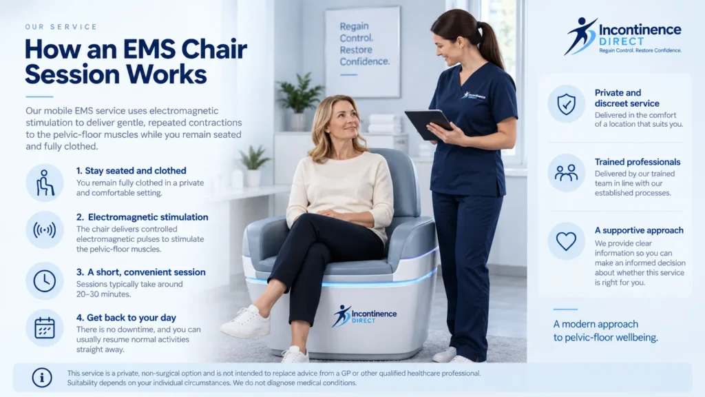 how ems chair session works at incontinence direct Wigan a detailed infographics for the incontinence process