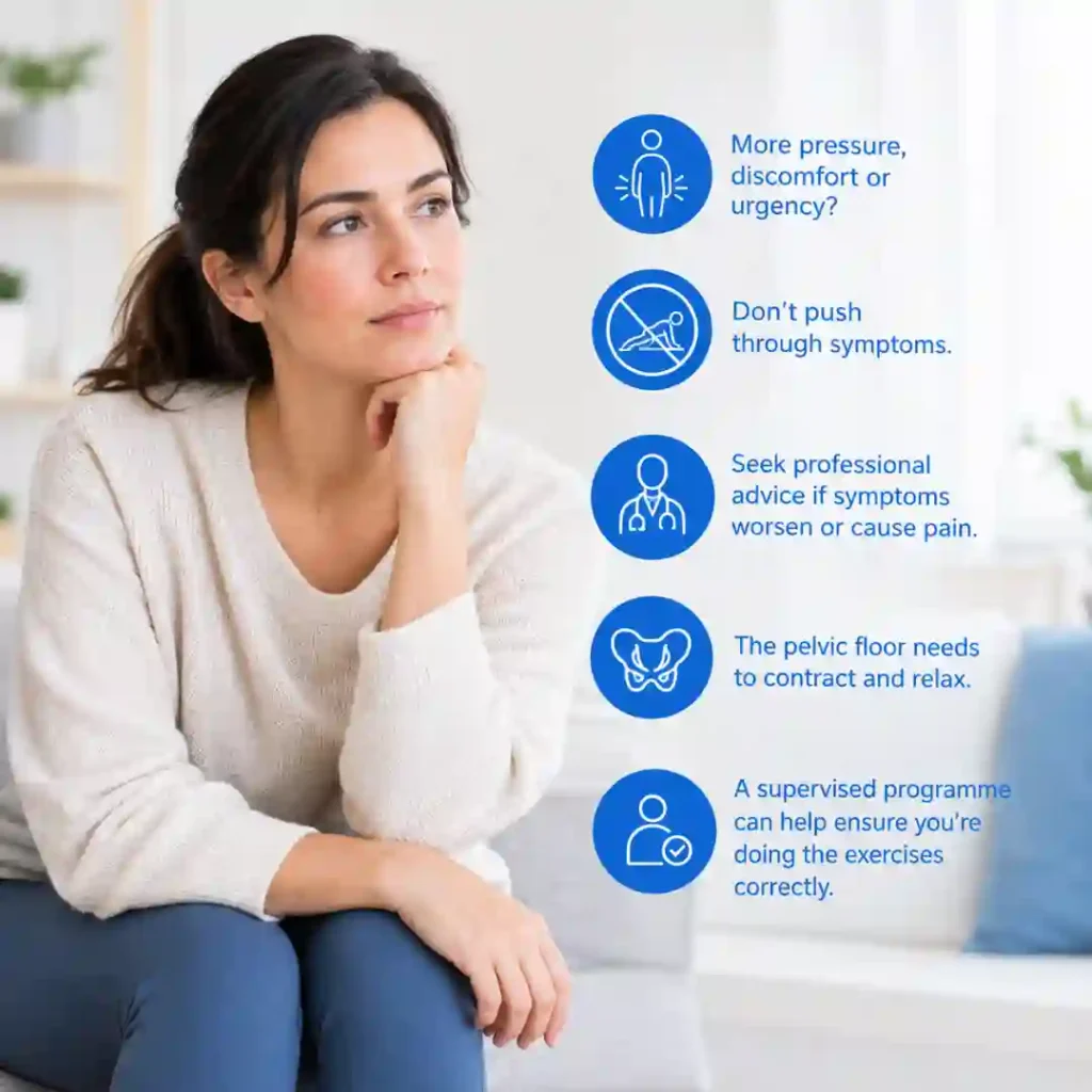 Pelvic-floor exercises Wigan involve controlled contraction and relaxation. Persistent pressure, discomfort or urinary urgency may warrant professional assessment.